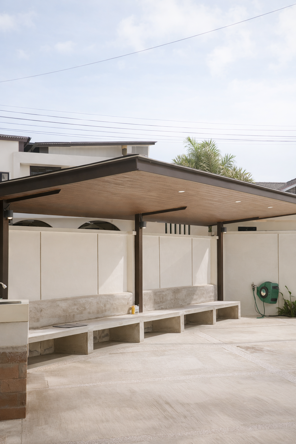 Outdoor seating area with overhead canopy.
